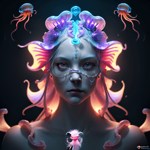 AI generated: Goddess close-up portrait ribcagel. jellyfish phoenix head, nautilus, orchid, skull, betta fish, bio...