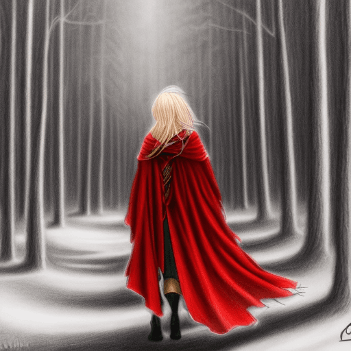 AI generated: a fantasy inspired drawing of a  blond girl in a red cloak, walking away in a dark forest