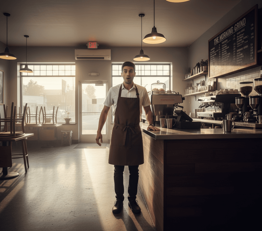 AI generated: At a coffee shop. There are no customers. It's dawning light. The Hispanic male barista is behind th...