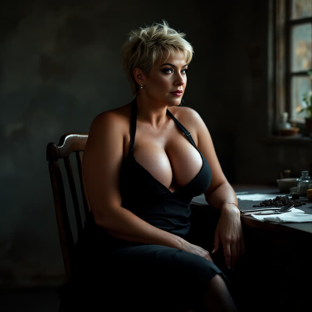 AI generated: 40 years old mature woman, serious face, curve muscle    body, blonde pixie hair, wearing only black...