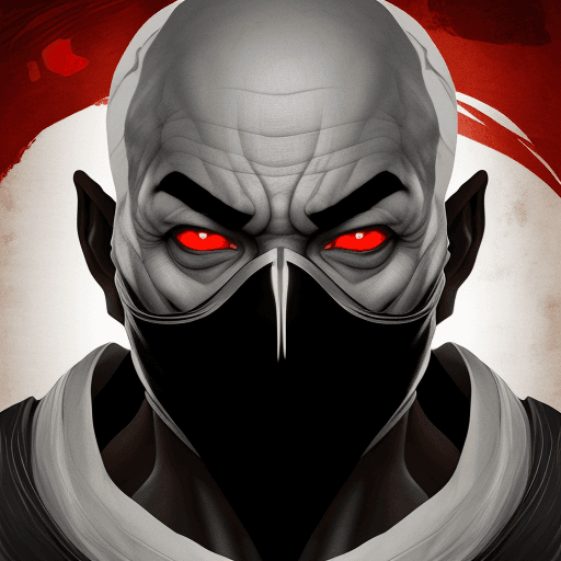 AI generated: Sub Zero from Mortal Kombat, old African man's face, very black white eyes glowing red, very cute ch...