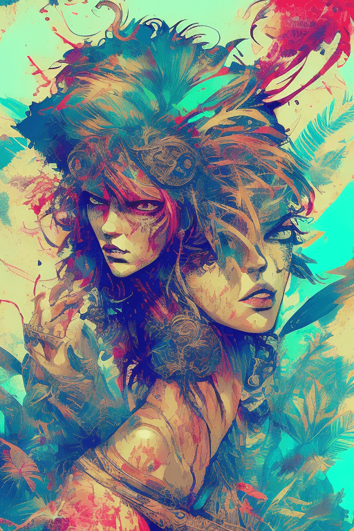 AI generated: A female pirate| tropical island background| dynamic pose |centered| key visual| intricate| highly d...