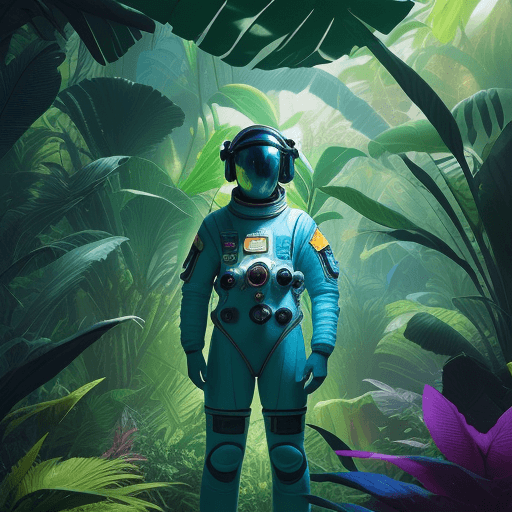 AI generated: a man wearing space suit standing next to a lushful vibrant alien world jungle, in the style of spac...