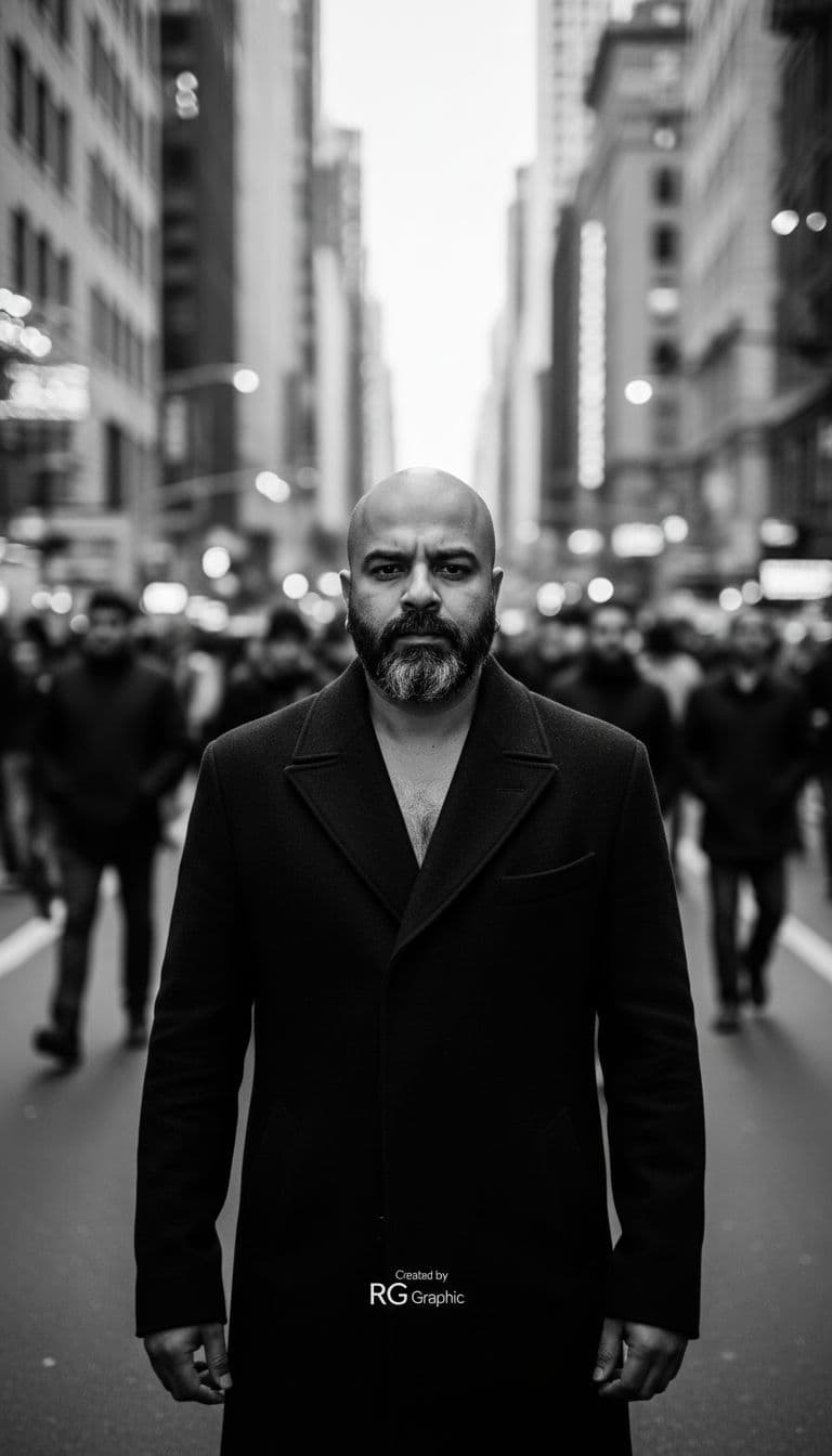 AI generated: A cinematic black and white portrait of a handsome man standing still in a busy city crowd. The back...