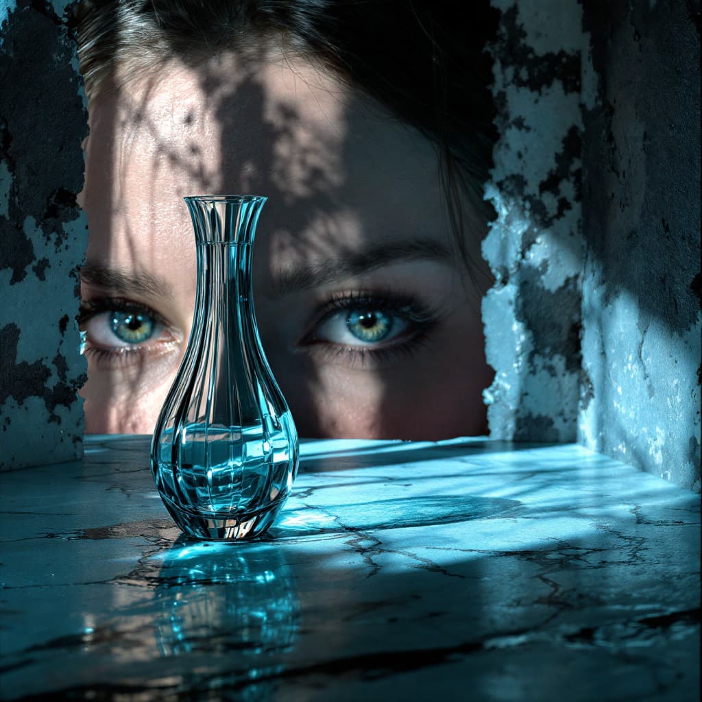 AI generated: Un vase en verre strié flotte devant une femme au regard intense, lumière bleue néon traversant les ...