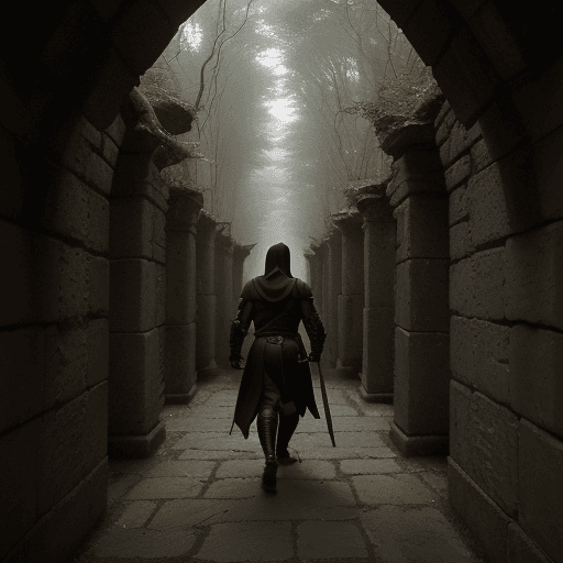 AI generated: The photo shows a figure in dark armour and hood, holding a sword and walking through an ancient sto...