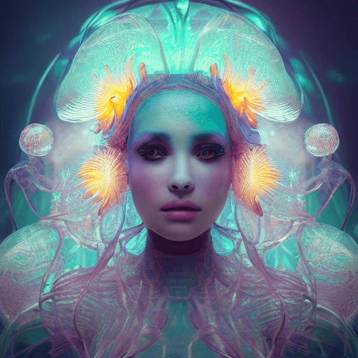AI generated: Goddess close-up portrait ribcagel. jellyfish phoenix head, nautilus, orchid, skull, betta fish, bio...