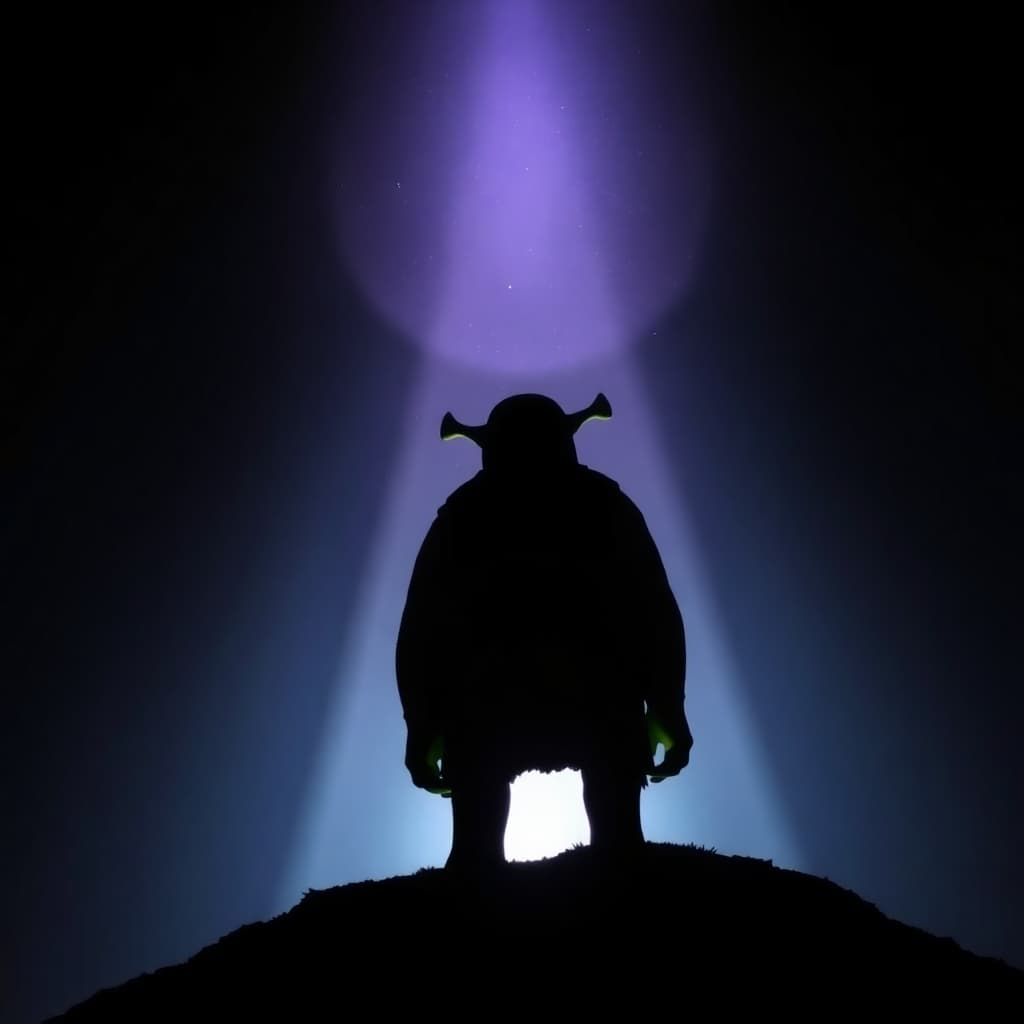 AI generated: Silhouetted, high-angle perspective, backlighting, Shrek in astral dimension, liquid distortion of m...