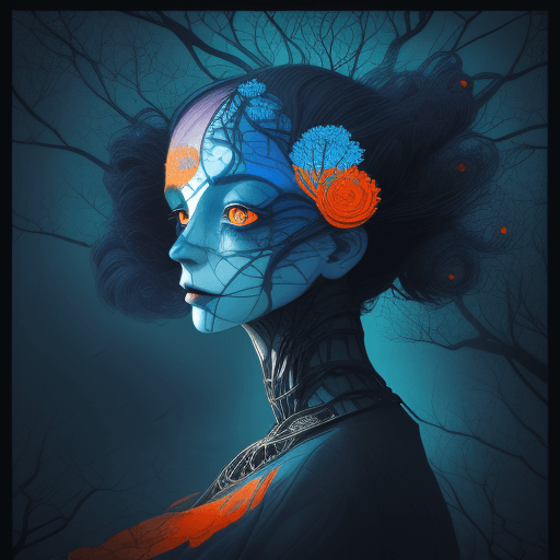AI generated: a colorful digital artwork of a woman's head and branches, in the style of haunting houses, graceful...