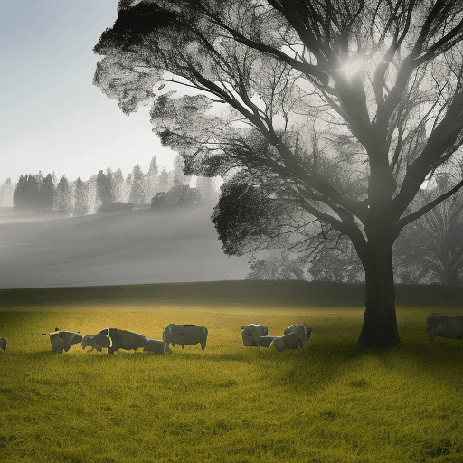 AI generated: 
Generate a hyperrealistic landscape photo capturing a sun-drenched New Zealand Dairy Farm, with a s...