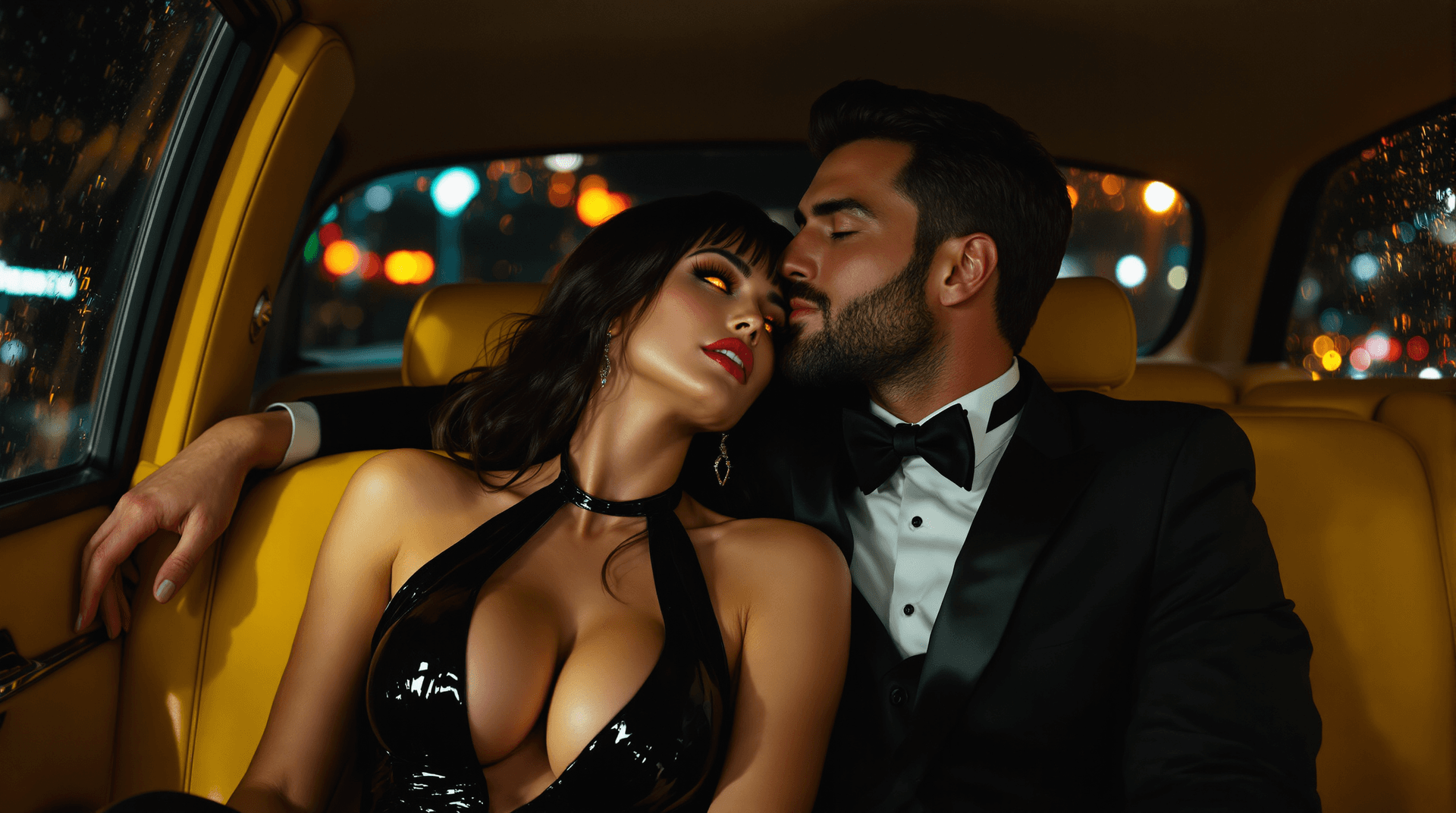 AI generated: Interior of a yellow cab at night. A Caucasian couple (Lilith and Jon) in the back seat. Lilith (plu...