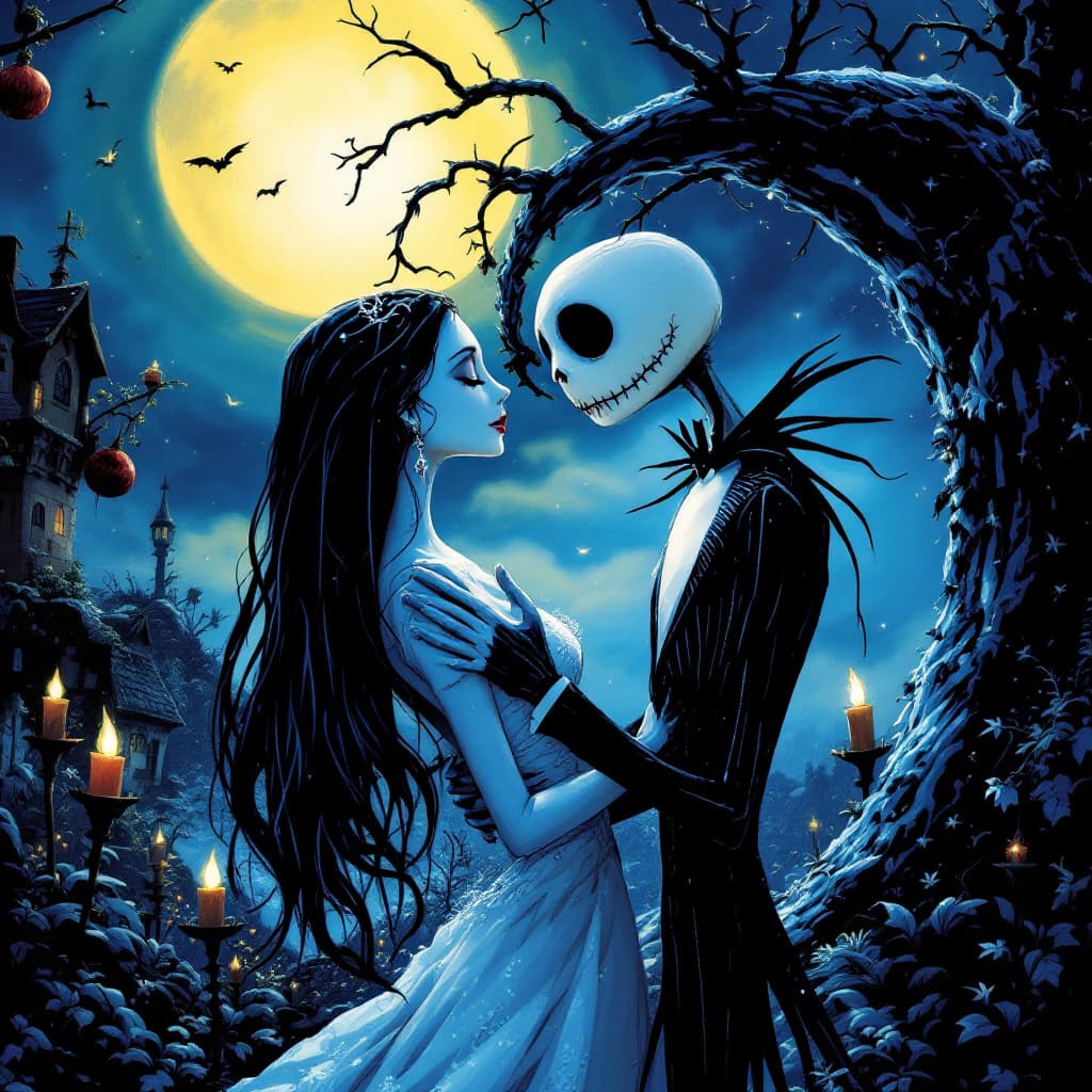 AI generated: Nightmare before Christmas,love scene,romantic embrace.beautiful