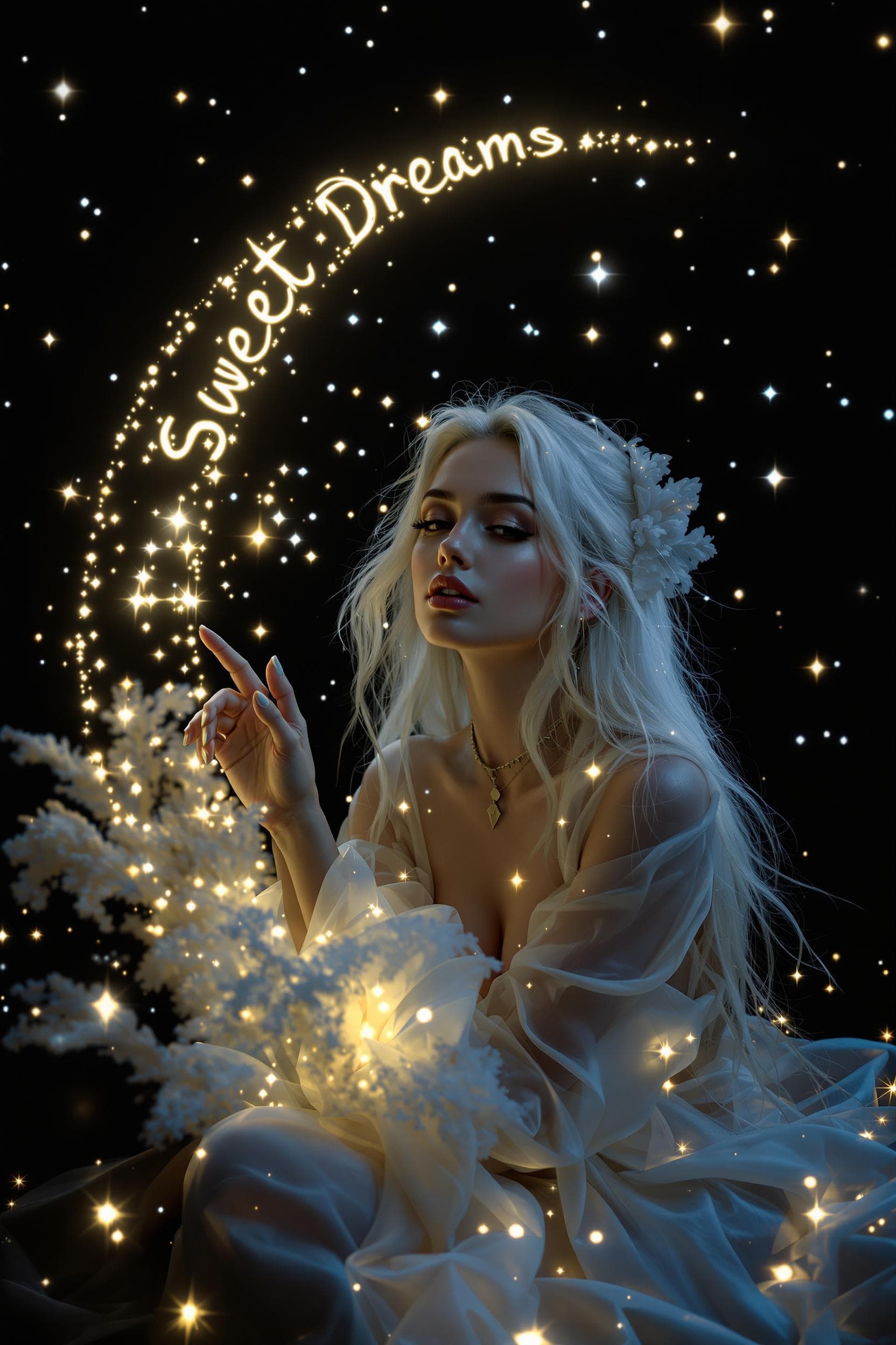 AI generated: Un portrait fantastique sombre enchanteur et vibrant, capturant une femme aux cheveux longs et flott...
