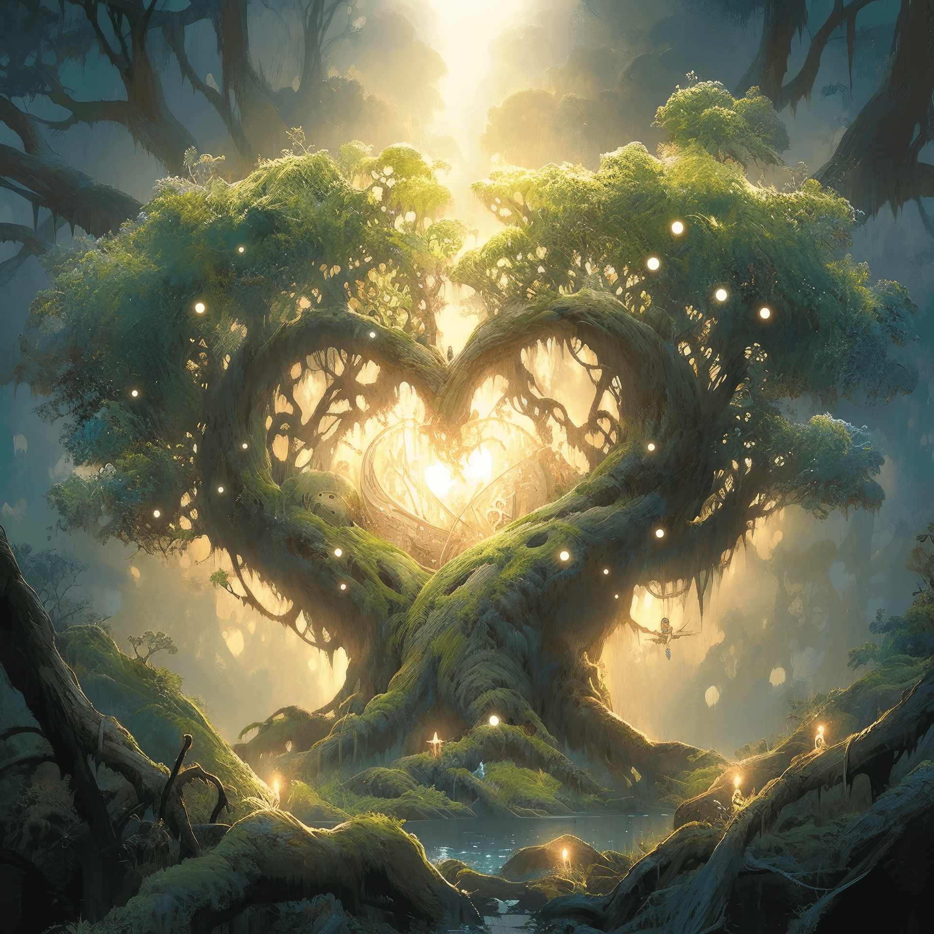 AI generated: Amidst the heart of a mystical enchanted forest ancient trees with gnarled branches stretch towards ...