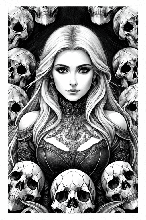 AI generated: close-up b&w (((page sketch))) of beautiful lady in the dark, (((among flying skulls))), white hair,...