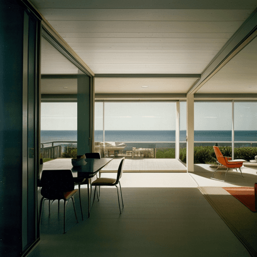 AI generated: Hyper realistic eye level exterior photo of a mid century modern style house overlooking the ocean, ...