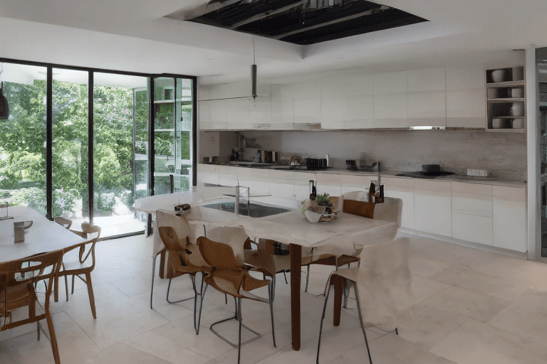 AI generated:  interior design, open plan kitchen and living, limestone floor, U-shaped kitchen to the right, kitc...