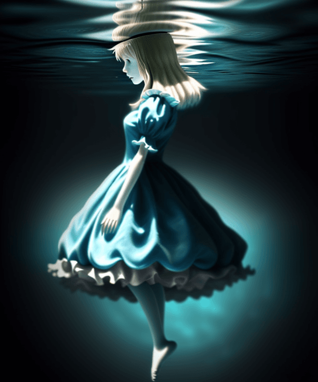 AI generated: alice  floating under water, realistic and not creepy, she is seen from her profile
 and we can see ...
