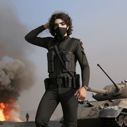 AI generated: A young Palestinian resistance man, masked, next to a burning military tank, explosions.  Full body,...