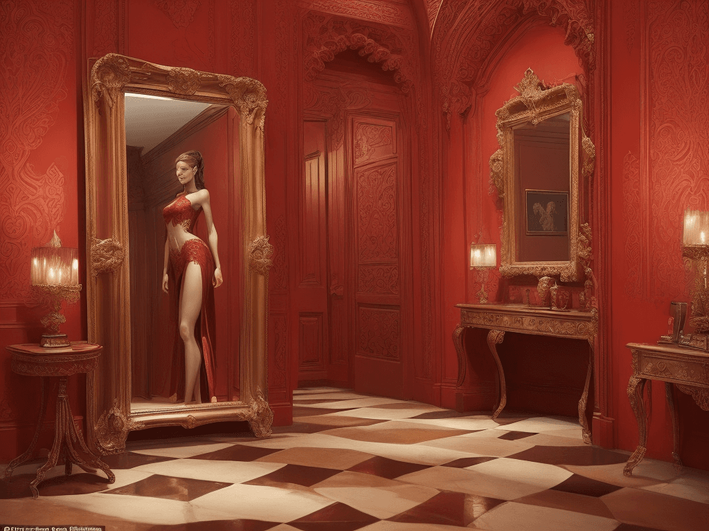 AI generated: The background of the image is a stunning red wall, with a subtle shadow cast by the woman's figure....
