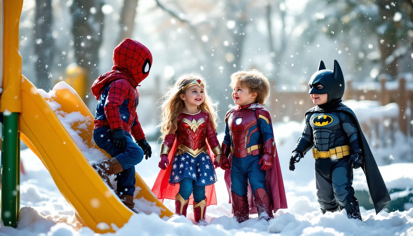 AI generated: A group of young children dressed as Marvel and DC superheroes gather on a snowy playground. A 4-yea...