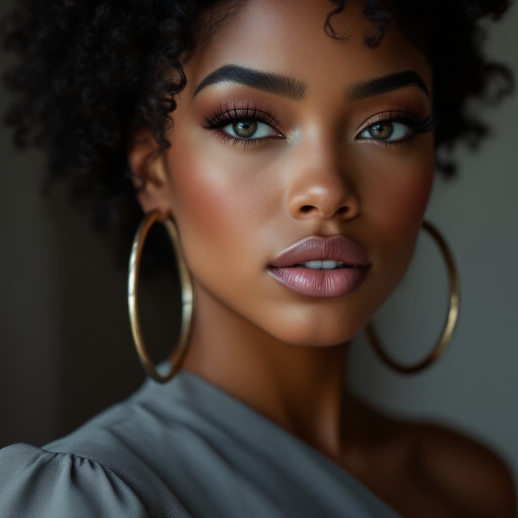 AI generated: A close-up color portrait of woman with a large hoop earrings and a gray dress, inspired by Zelma Bl...