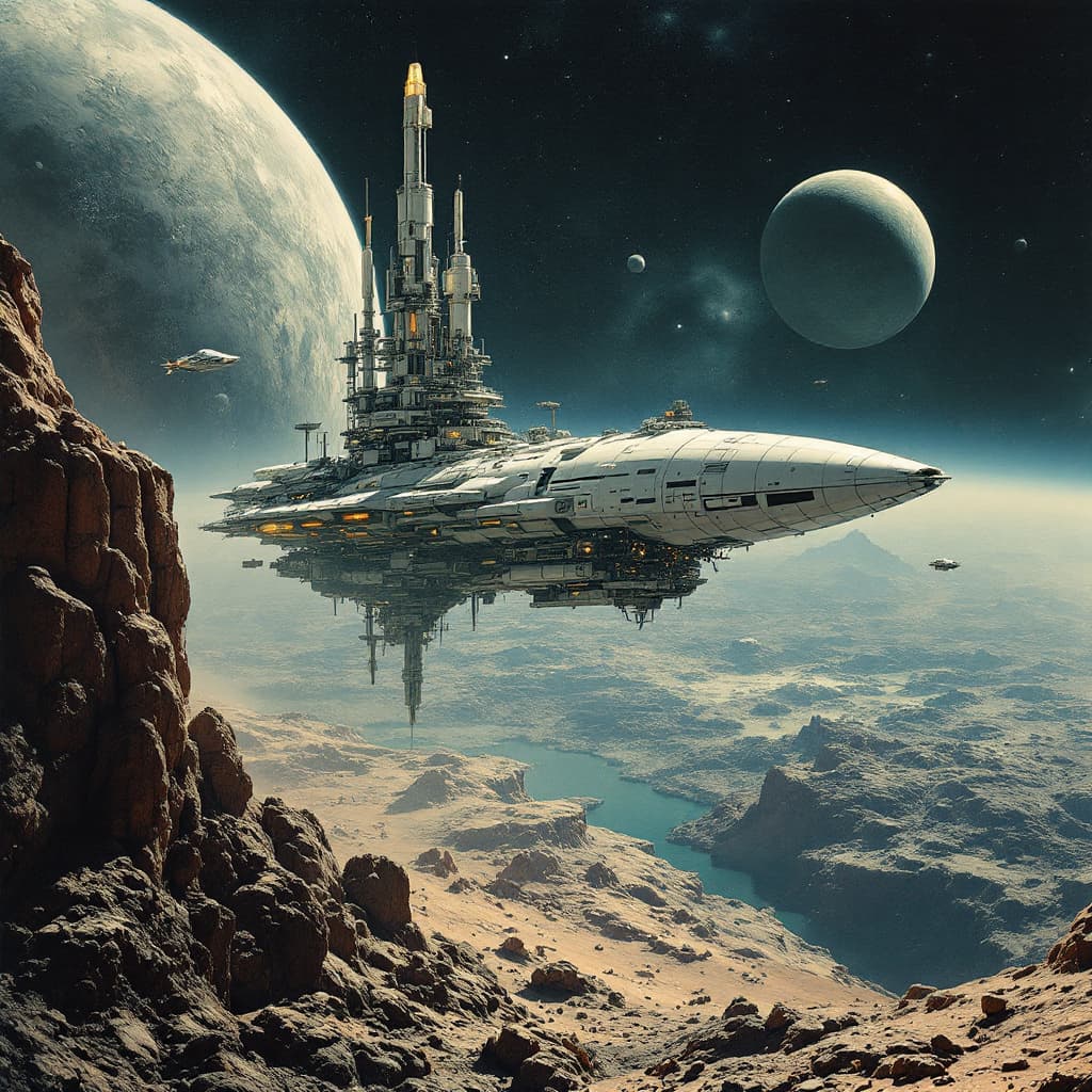 AI generated: Cinematic still of a space station orbiting an alien planet, with a large white spaceship in the bac...