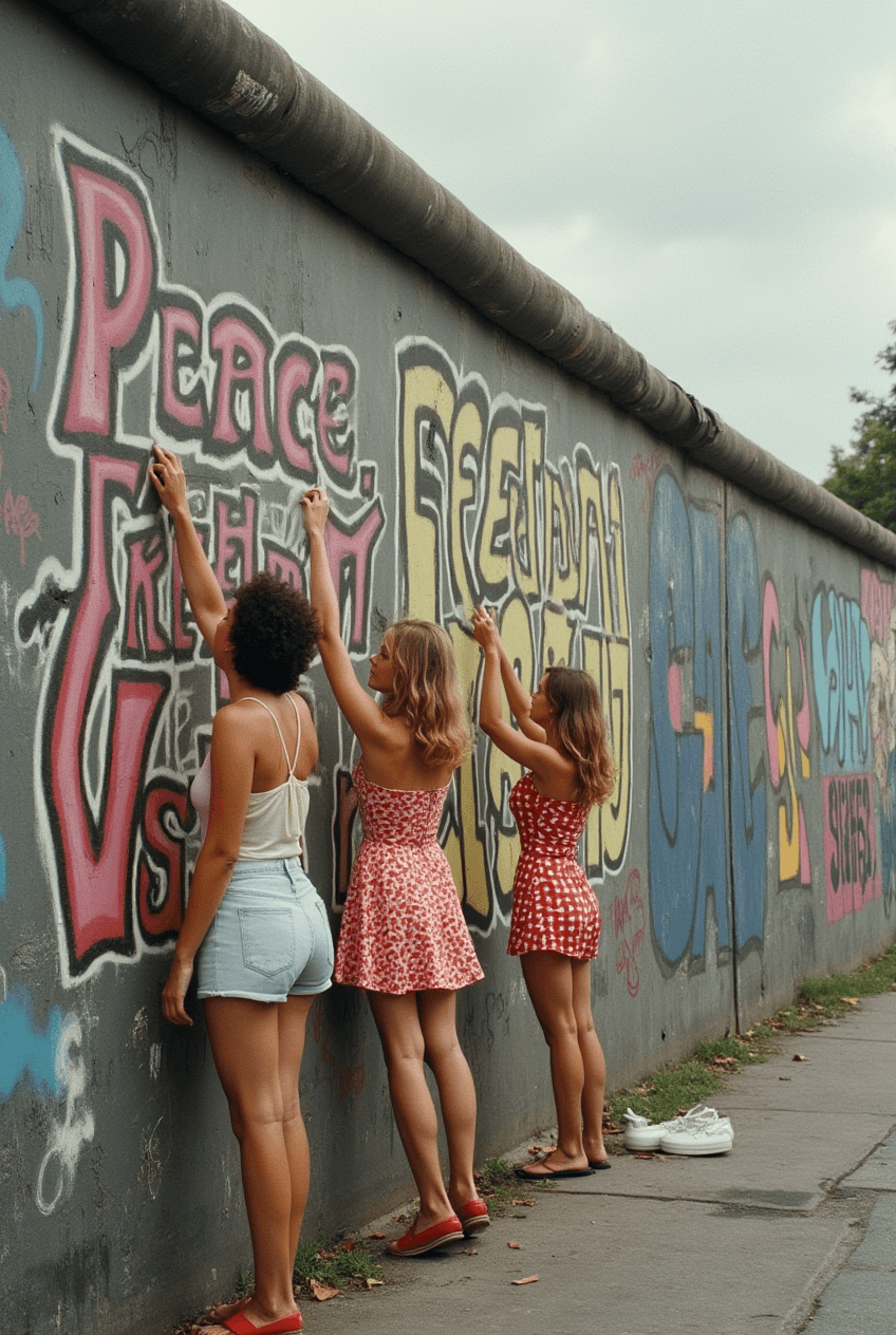 AI generated: Berliner Wall, 1975,3 woman protest in short summerdress ,"Peace, Freedom,Unity",coloured,paint graf...