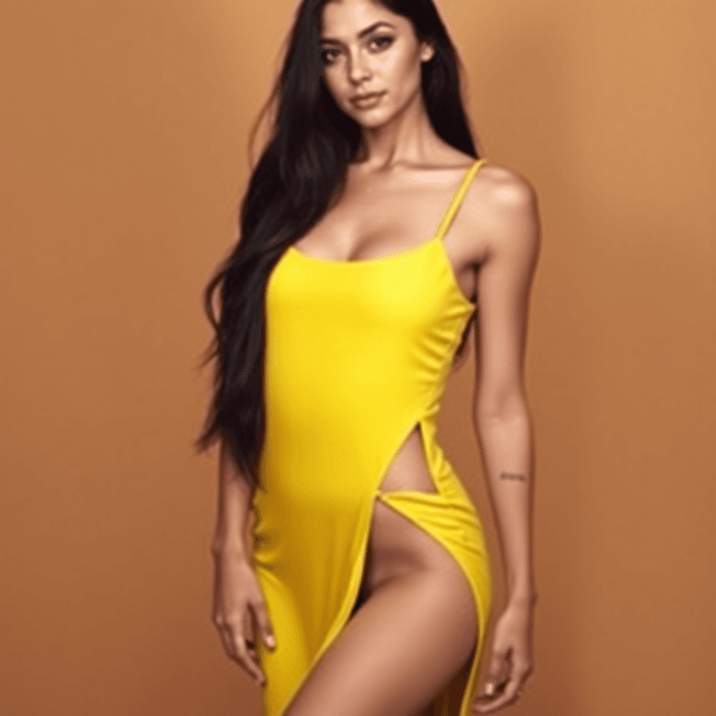 AI generated: "A woman with long dark hair, wearing a yellow sleeveless strappy dress, posing with a serene expres...