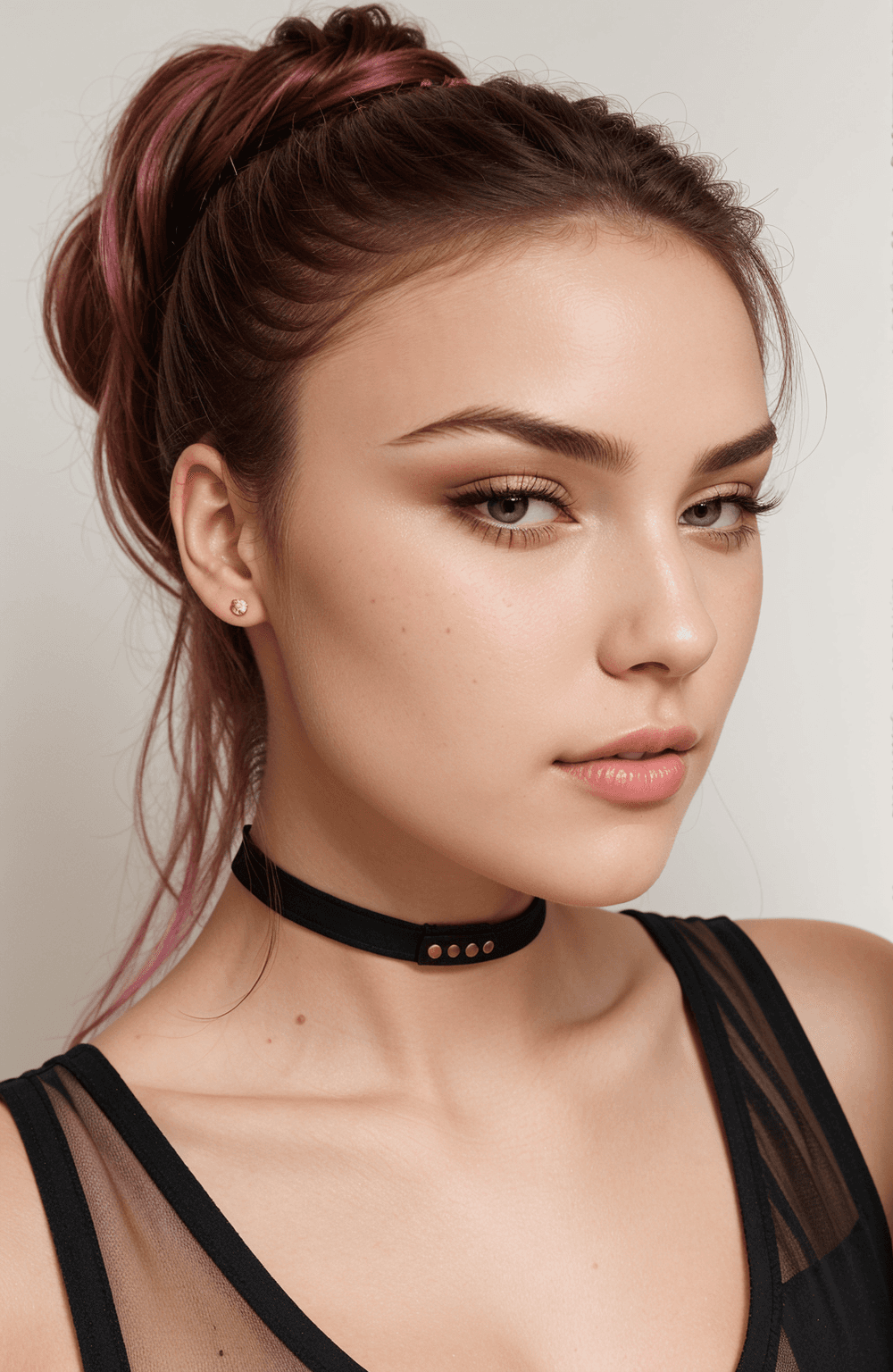 AI generated: An image of a young woman with fair skin and a unique hairstyle that transitions from brunette at th...
