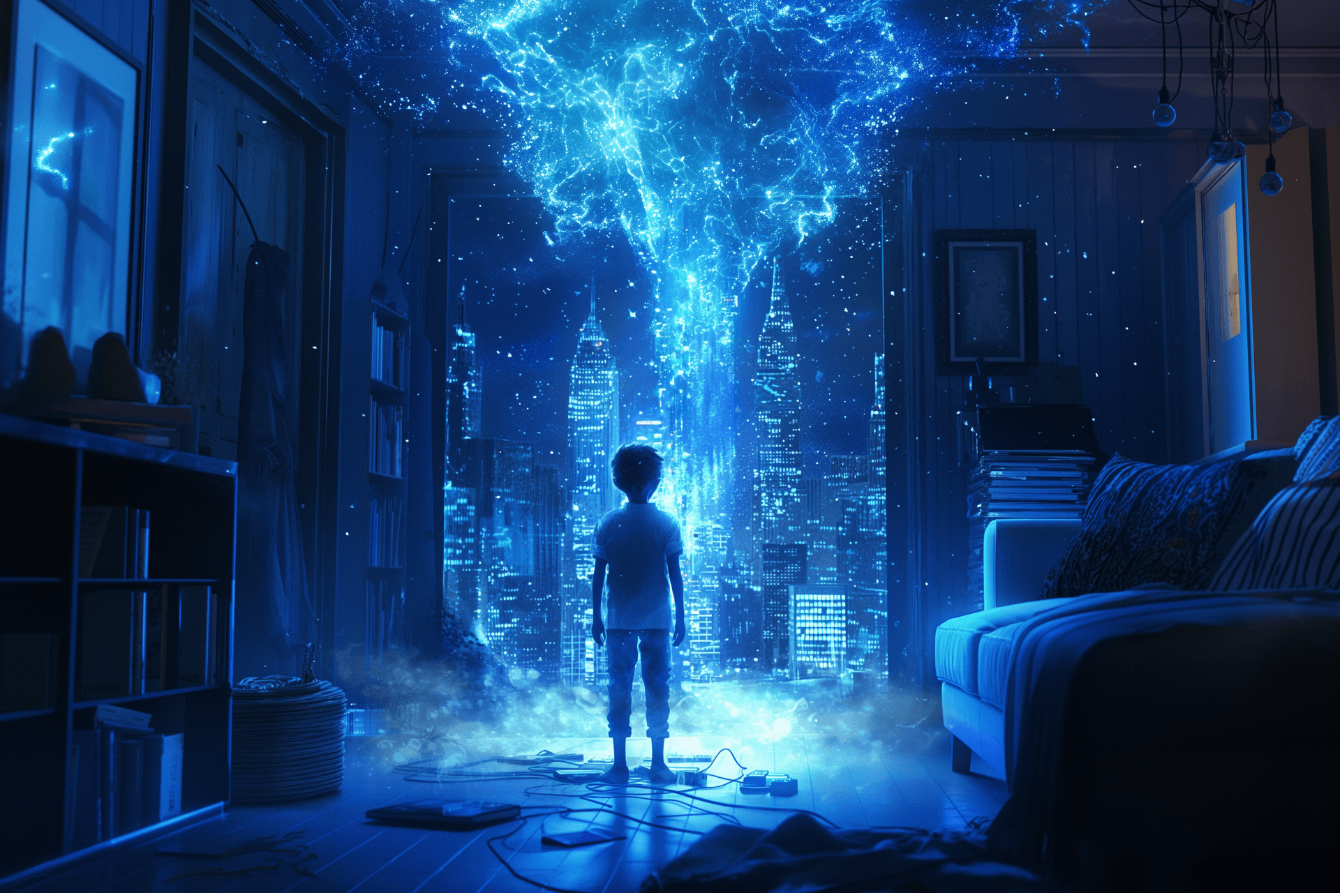AI generated: A boy standing in the living room, blue light pouring down from above, a fantasy world floating outs...