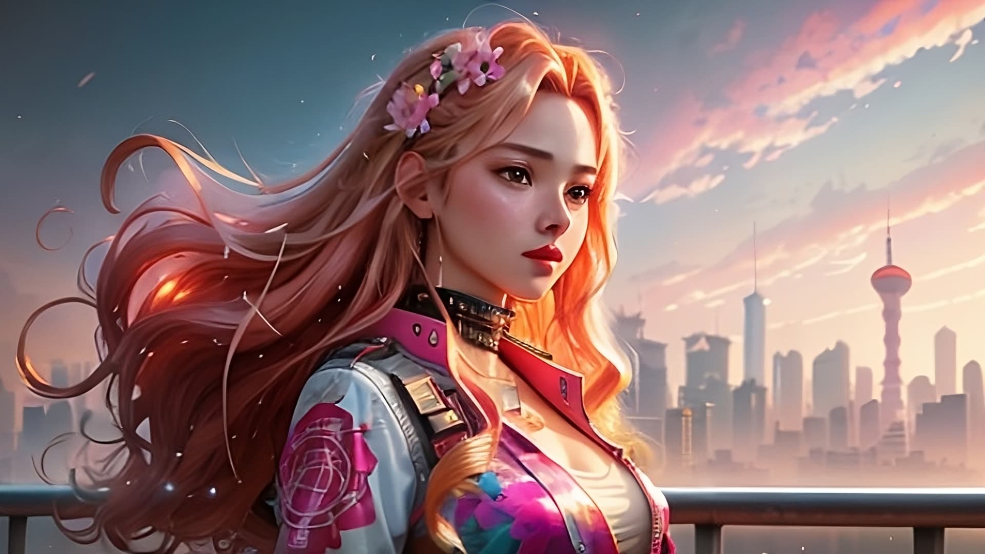 AI generated: girl, gorgeous hiper detailed face, red lips, pink detailed stunning eyes, long curly blonde hair, d...