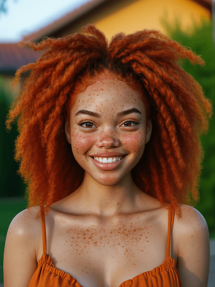 AI generated: A vibrant African American redheaded girl,  The young lady's freckled skin is kissed by the sun, giv...