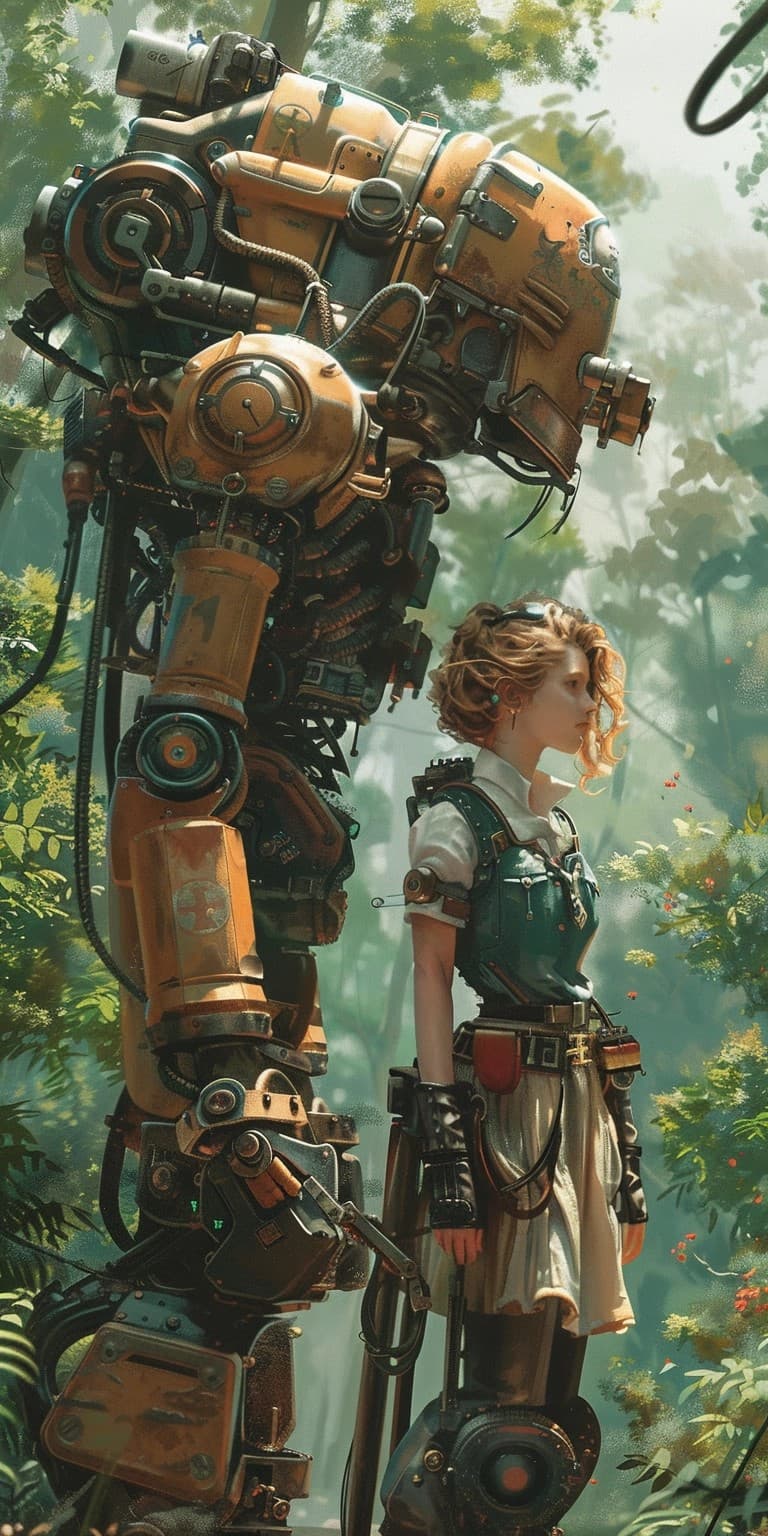 AI generated: a steampunk mecha pilot standing on the shoulder of her mecha | I can't believe how beautiful this i...