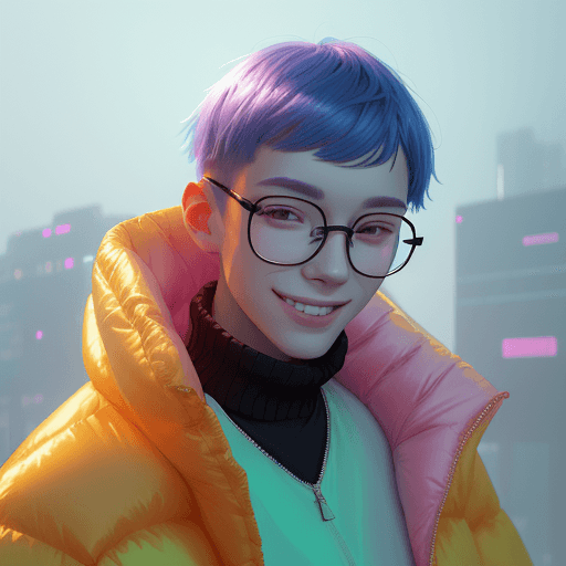 AI generated: a young smiling man  wear a glasss 
wearing a poncho oversized puffer jacket, inspired by OffWhite, ...