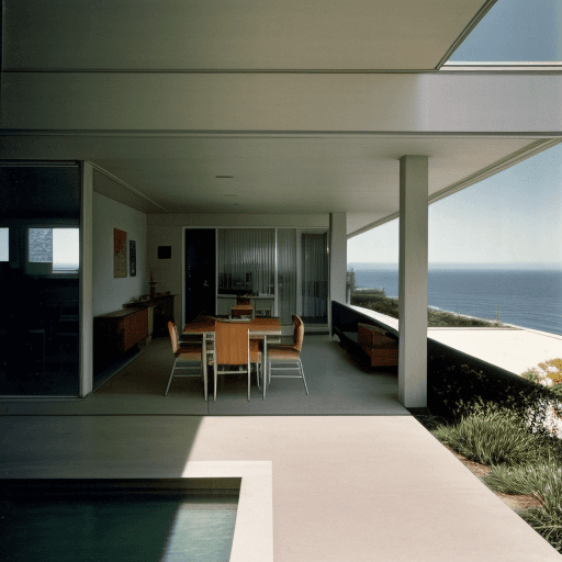 AI generated: Hyper realistic eye level exterior photo of a mid century modern style house overlooking the ocean, ...