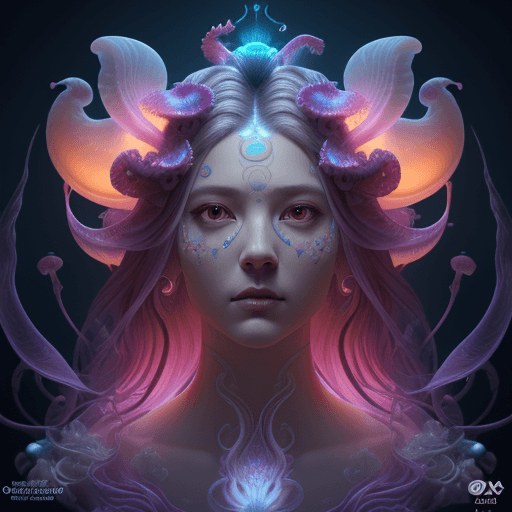 AI generated: Goddess close-up portrait ribcagel. jellyfish phoenix head, nautilus, orchid, skull, betta fish, bio...