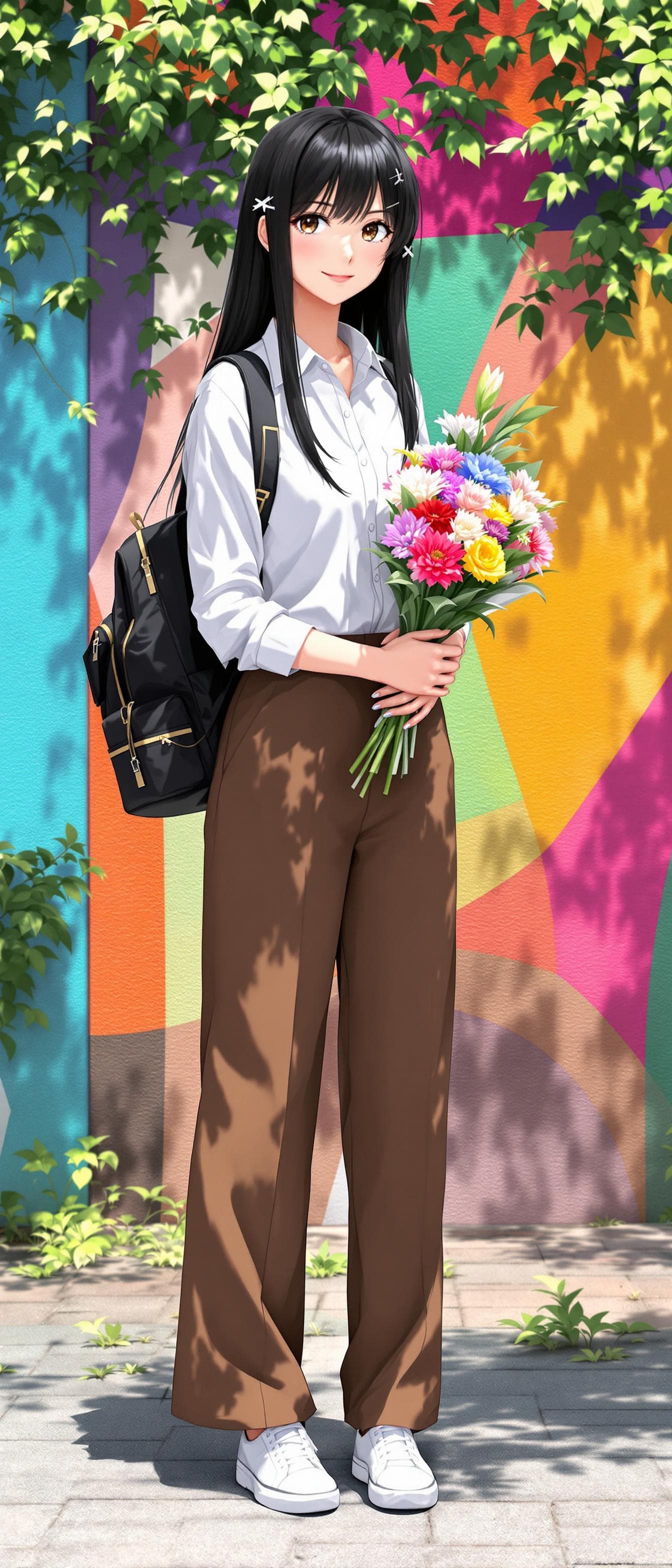 AI generated: In the image, ((full body:1.4)), anime seen standing outdoors, holding a bouquet of flowers. black h...