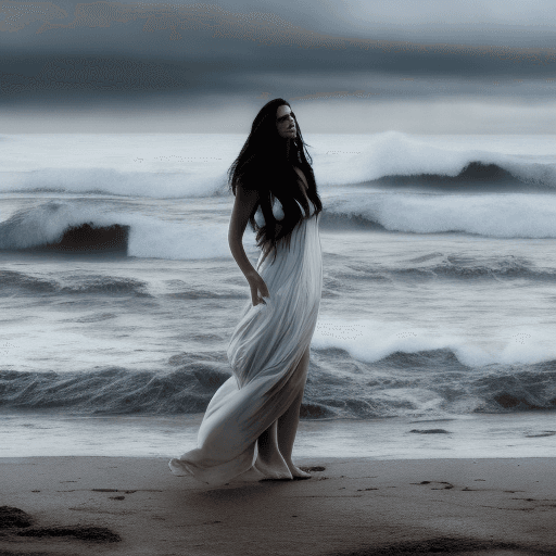 AI generated: Photo of a young woman with long dark hair as a dress, on a seaside, dark and cloudy weather, stormy...