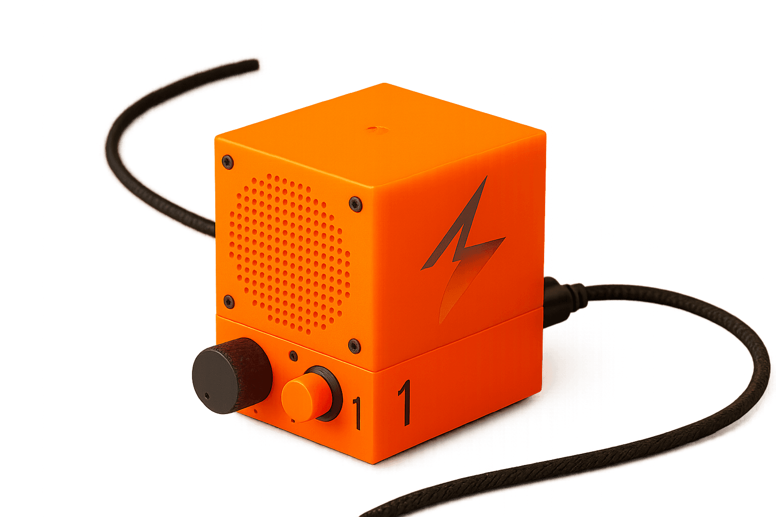 AI generated: A futuristic, minimalist cube-shaped speaker in vibrant fluorescent orange, featuring a perforated s...