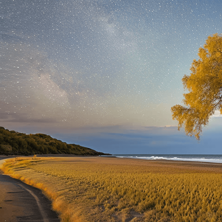 AI generated: oil on canvas, small clouds, 
willow tree, smooth beach, small rocks, 
beautiful setting, early even...