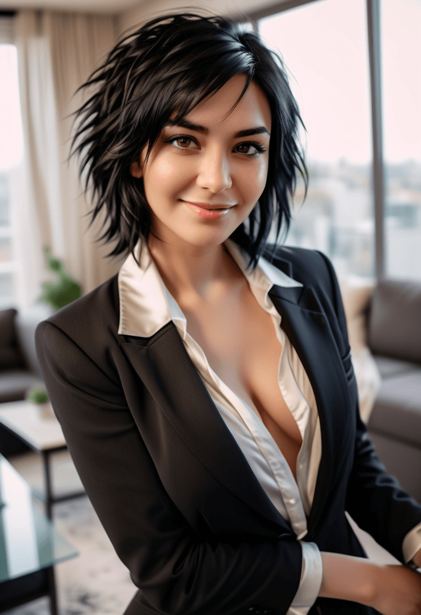 AI generated: photography of a woman with messy shag cut black hair, (light-colored perfect eyes:1.1), (black blaz...