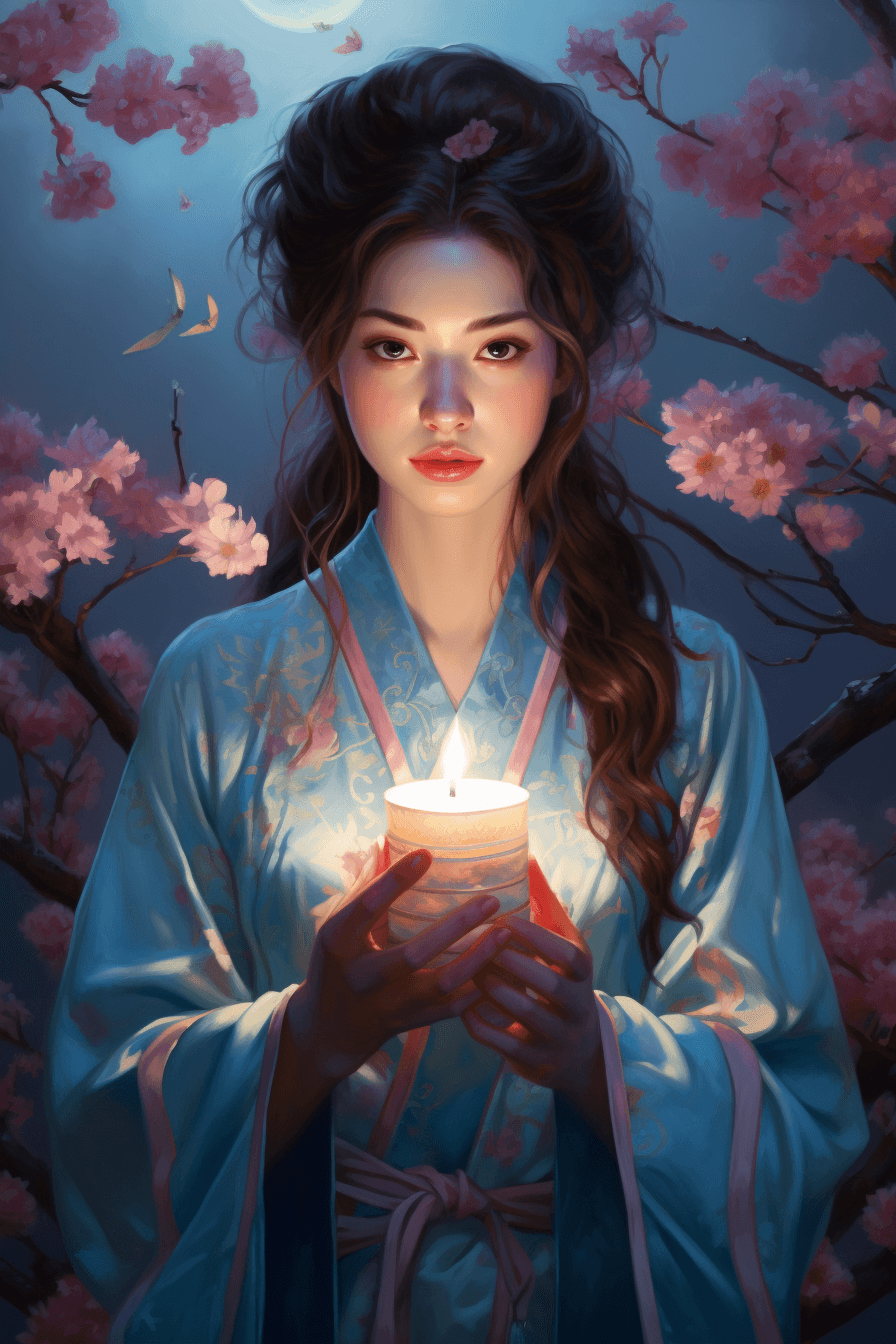 AI generated: An animated girl holding a candle in front of beautiful cherry blossoms, in the style of exquisite r...