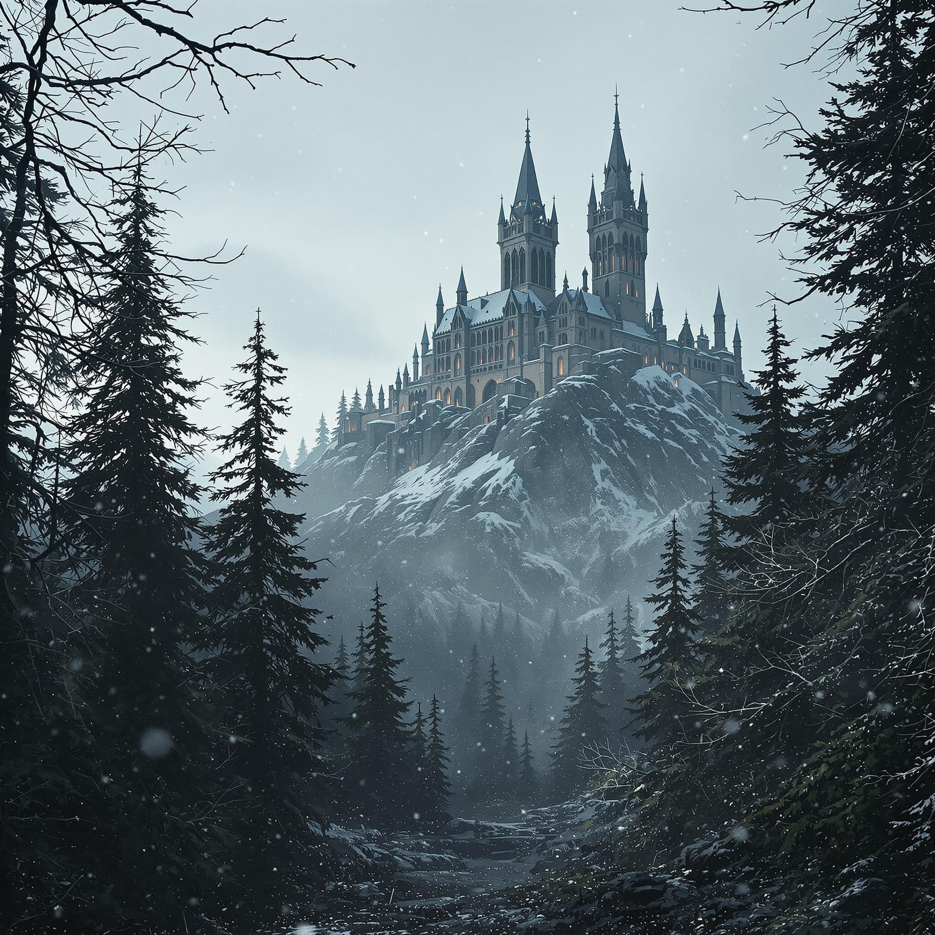 AI generated: A hyperrealistic medieval film scene featuring a forest filled with tall trees and overgrown branche...