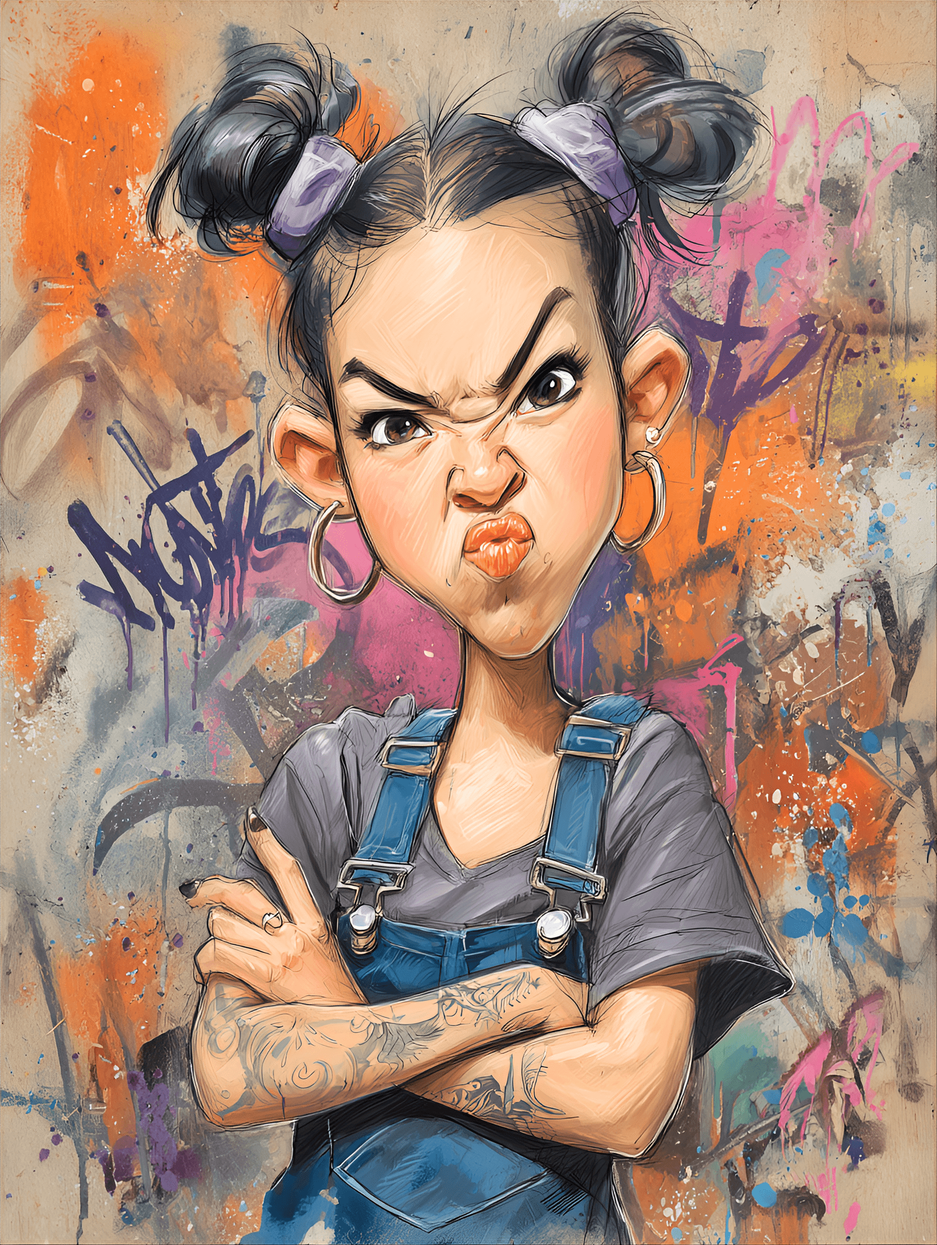 AI generated: funny caricature, rebellious teen caricature, young asian female, 16 years old, twin buns, tattoo, p...