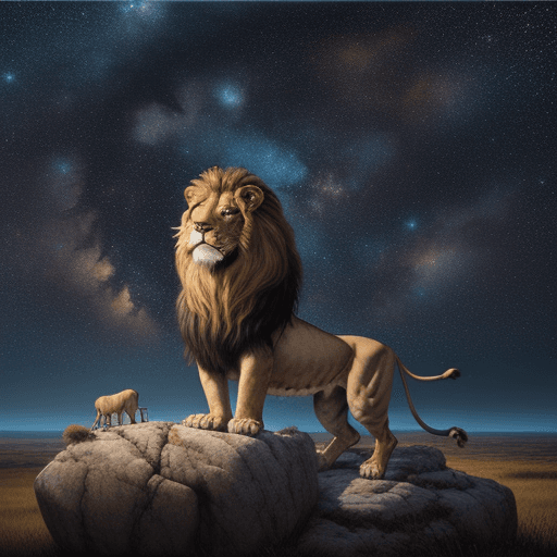 AI generated: A photorealistic painting of a majestic lion standing on a rocky outcrop, overlooking a vast savanna...
