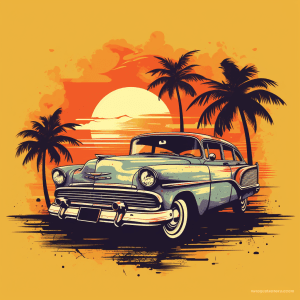 AI generated: A vintage tshirt design, retro aesthetic, a retro car with a palm tree, hd, retro music, by Mike Plo...