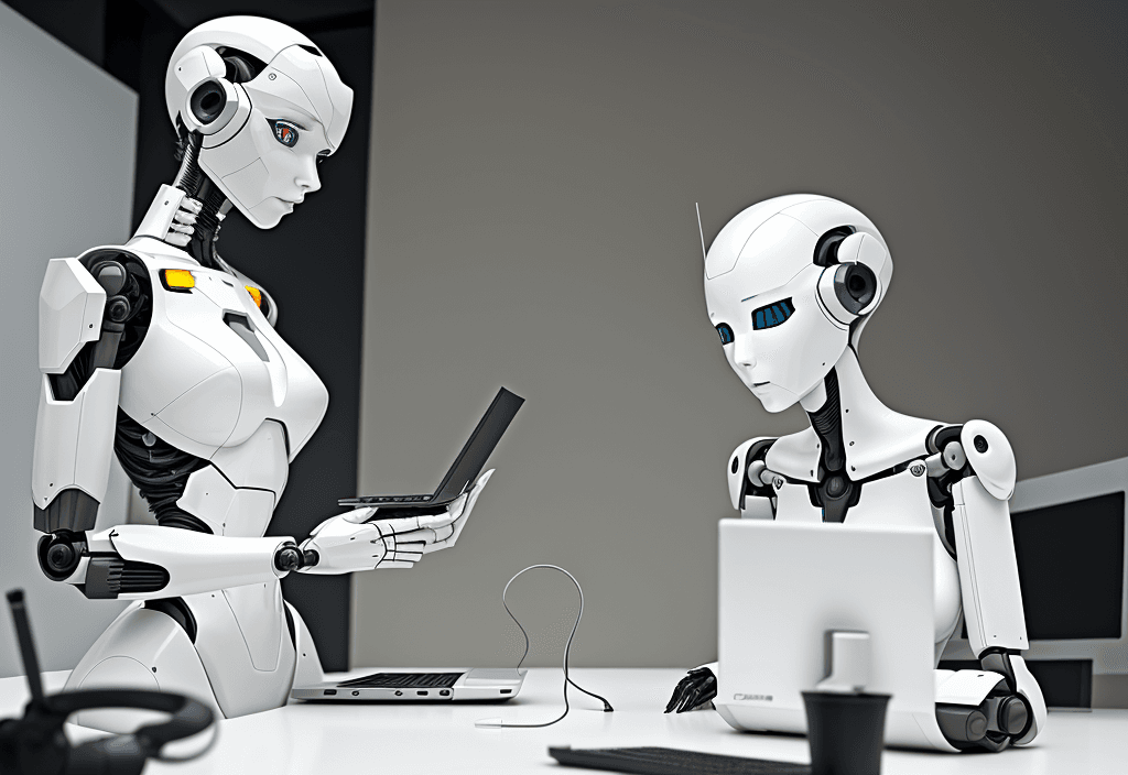 AI generated: Woman and lifelike robot working side by side at a computer, minimalist setting, stark white surroun...