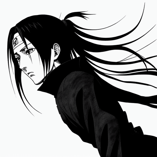 AI generated: a manga drawing of Itachi Uchiha, close up shot, in the style of Kentaro Miura , black background, l...