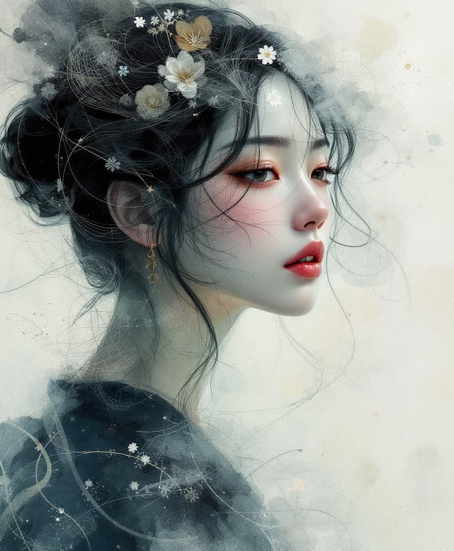 AI generated: a dreamy, abstract painting artwork portrait of a japanese woman 25 years old with her head in full ...